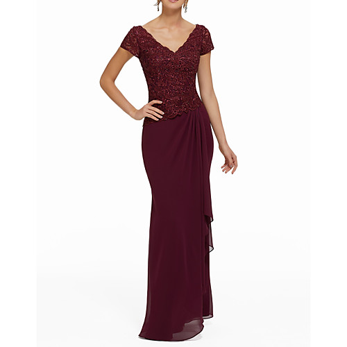 

Sheath / Column V Neck Floor Length Chiffon Elegant / Red Wedding Guest / Formal Evening Dress with Sequin / Draping / Appliques 2020