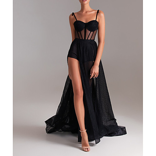 

A-Line Sweetheart Neckline Court Train Tulle Sexy / Black Party Wear / Formal Evening Dress with Split 2020