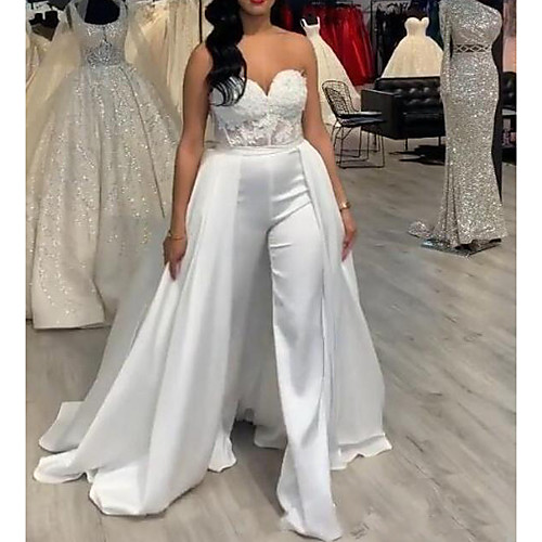 

Jumpsuits V Neck Sweep / Brush Train Lace / Stretch Satin Sleeveless Country / Casual Plus Size Wedding Dresses with Draping / Appliques 2020