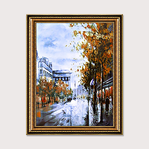 

European Italy City Scene Picture on Wood Board Frame Luxury Design Hand Printed Canvas Gilt Wood Carved Oil Painting