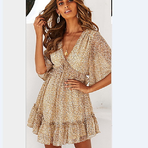 

Women's Brown Dress A Line Polka Dot V Neck S M