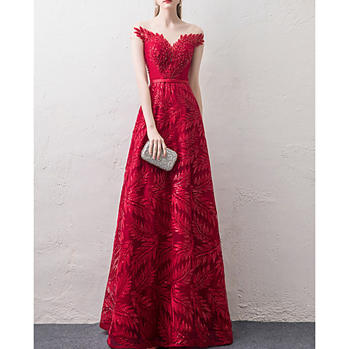 

A-Line Off Shoulder Floor Length Lace / Tulle Sexy / Red Engagement / Prom Dress with Appliques / Pleats 2020