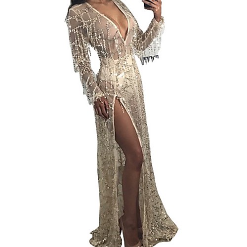 

Women's Asymmetrical Gold Dress A Line Solid Color Deep V S M