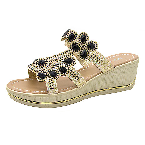 

Women's Sandals Wedge Heel Open Toe Rhinestone / Sequin PU Summer Gold / Blue / Black
