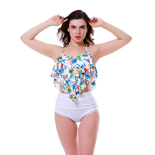 

Women's Basic White Halter High Waist Bikini Swimwear Swimsuit - Floral Ruffle S M L White