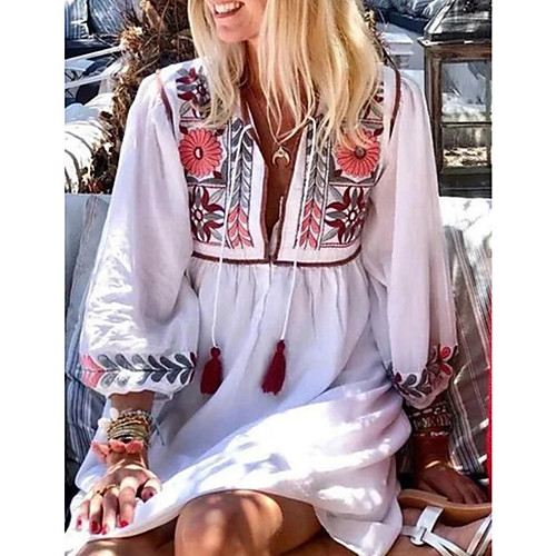 

Women's White Dress Shift Floral V Neck S M