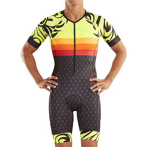 

21Grams Men's Short Sleeve Triathlon Tri Suit Black / Yellow Polka Dot Geometic Bike Clothing Suit UV Resistant Breathable 3D Pad Quick Dry Sweat-wicking Sports Polka Dot Mountain Bike MTB Road Bike
