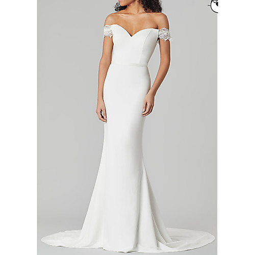 

Mermaid / Trumpet V Neck Sweep / Brush Train Satin Short Sleeve Country Plus Size Wedding Dresses with Draping 2020