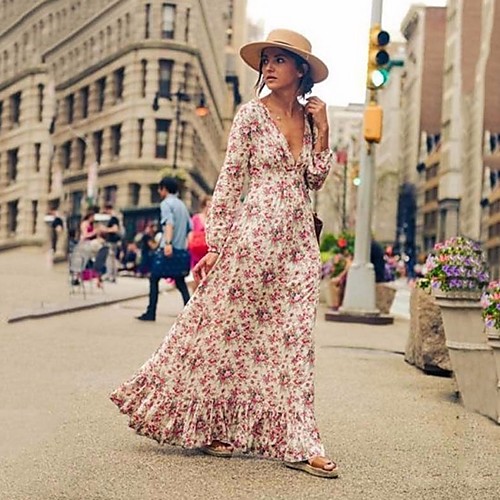 

Women's Maxi Blushing Pink Dress Swing Floral Deep V S M