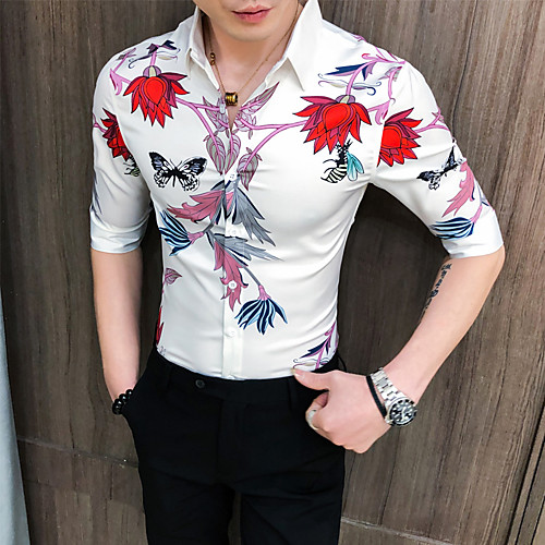 

Men's Going out Club Tropical Shirt - Floral Tropical Leaf / Crane / Pineapple, Print White