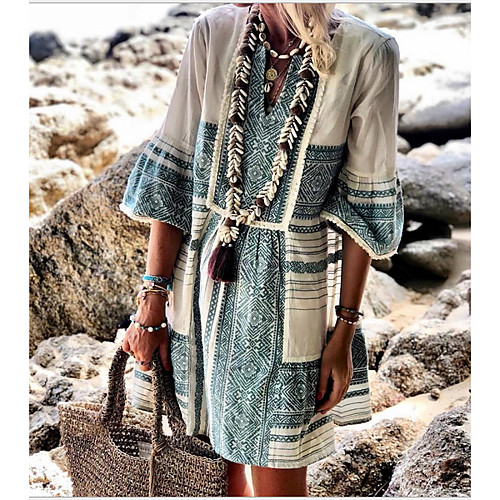 

Women's Blue Dress Shift Print V Neck S M Loose
