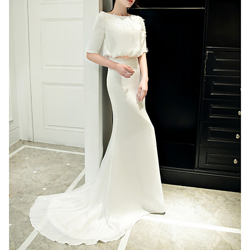 

Mermaid / Trumpet Jewel Neck Sweep / Brush Train Polyester Elegant / White Engagement / Formal Evening Dress with Sequin / Appliques 2020