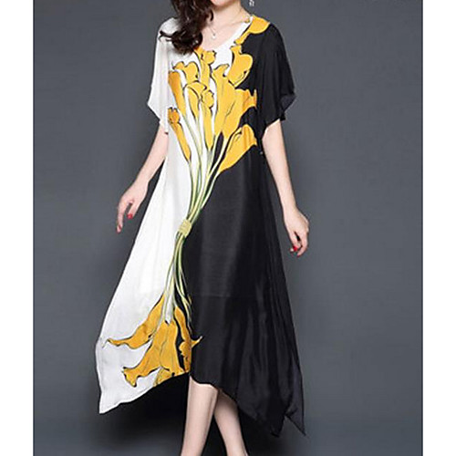 

Women's Asymmetrical Black Dress Loose Floral V Neck M L Loose