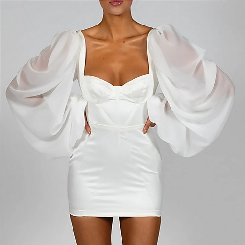 

Women's Mini White Dress Sheath Solid Color Square Neck S M