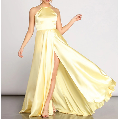 

A-Line V Neck Floor Length Charmeuse Reformation Amante / Gold Prom / Formal Evening Dress with Pleats / Split 2020