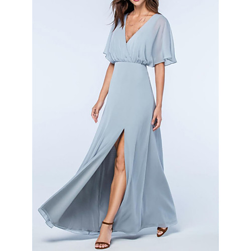 

A-Line V Neck Floor Length Chiffon Elegant / Blue Wedding Guest / Prom Dress with Split 2020