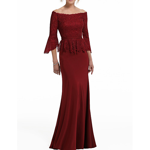 

Mermaid / Trumpet Off Shoulder Floor Length Polyester Peplum / Red Wedding Guest / Formal Evening Dress with Lace Insert 2020