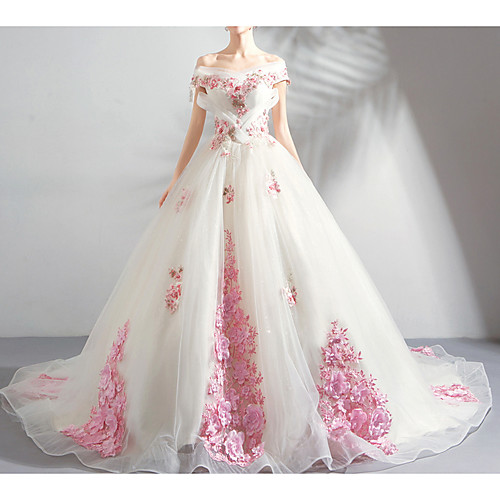 

Ball Gown Off Shoulder Court Train Chiffon / Tulle Sleeveless Formal Wedding Dress in Color / Plus Size Wedding Dresses with Draping / Lace Insert / Appliques 2020
