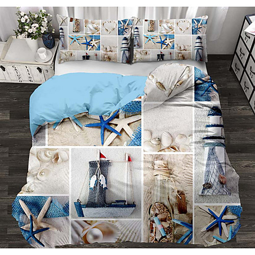 

Duvet Cover Sets 4 Piece Linen / Cotton 3D Sky Blue Printed Contemporary