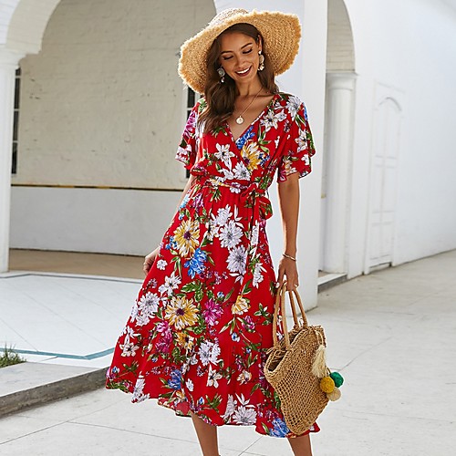 

Women's Yellow Red Dress A Line Floral V Neck S M