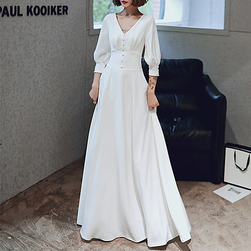 

A-Line V Neck Floor Length Spandex Retro / White Prom / Formal Evening Dress with Buttons 2020