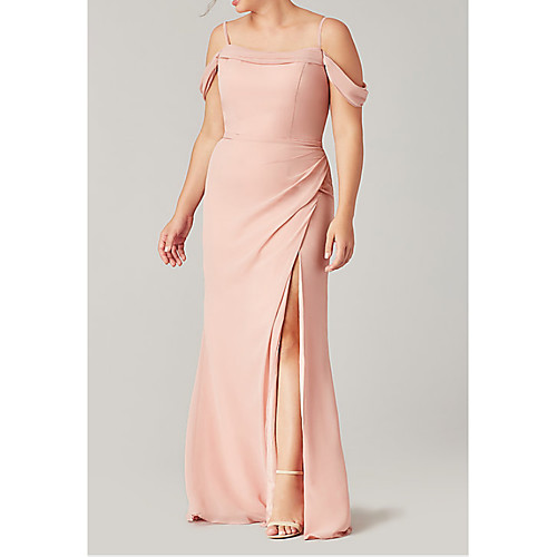 

Sheath / Column Off Shoulder Floor Length Polyester Bridesmaid Dress with Pleats / Split Front