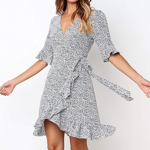 

Women's White Dress A Line Print V Neck S M