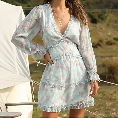 

Women's Blushing Pink Green Dress Chiffon Print Deep V S M