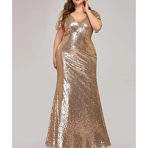 

Sheath / Column V Neck Floor Length Polyester Plus Size / Gold Prom / Party Wear Dress with Sequin 2020