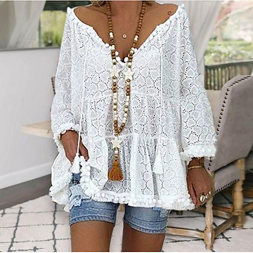 

Women's Solid Colored Lace Hollow Out Eyelet T-shirt - Lace Boho Daily Casual Vacation V Neck White