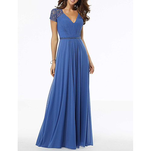 

A-Line V Neck Floor Length Polyester Blue / Grey Wedding Guest / Formal Evening Dress with Pleats / Beading 2020
