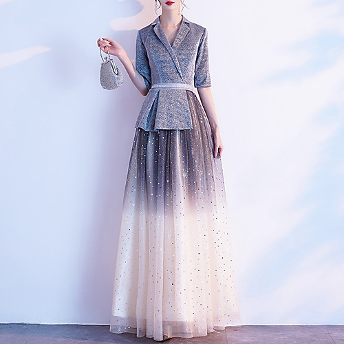 

A-Line V Neck Floor Length Tulle / Sequined Peplum / Gray Formal Evening / Wedding Guest Dress with Sequin 2020