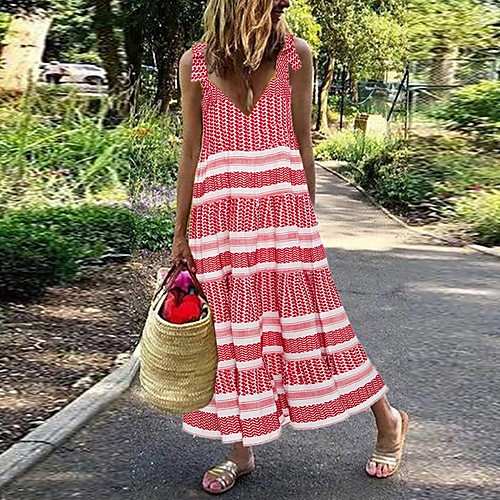 

Women's Maxi Loose Dress - Sleeveless Striped Strap Loose Red S M L XL XXL