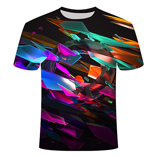 

Men's Daily Going out Basic T-shirt - Geometric / 3D / Abstract Print Rainbow