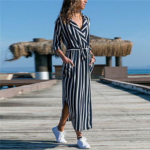 

Women's Maxi Green Blue Dress Spring & Summer Casual Sheath Stripes Floral Print V Neck S M