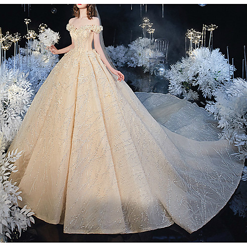 

Ball Gown Off Shoulder Watteau Train Lace Short Sleeve Formal Wedding Dress in Color Wedding Dresses with Lace Insert 2020