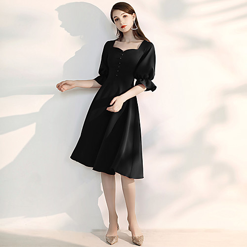 

A-Line Scoop Neck Knee Length Spandex Little Black Dress / Black Party Wear / Cocktail Party Dress with Buttons 2020