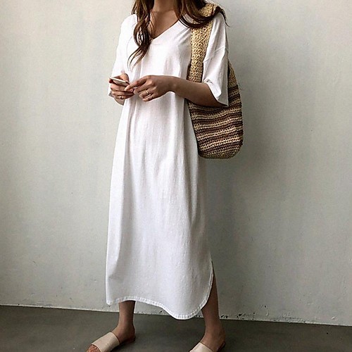 

Women's Maxi White Black Dress Loose Solid Color V Neck One-Size Loose