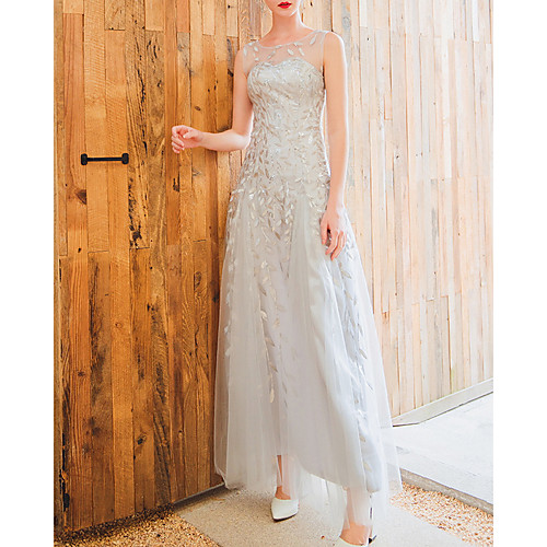 

A-Line Jewel Neck Floor Length Lace / Tulle Bridesmaid Dress with Appliques