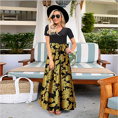 

Women's Maxi Red Green Dress Spring Beach A Line Floral Print V Neck Floral S M