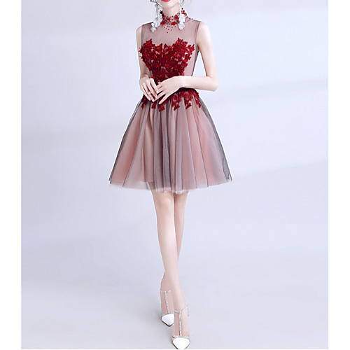 

A-Line High Neck Above Knee Lace / Tulle Bridesmaid Dress with Beading / Appliques
