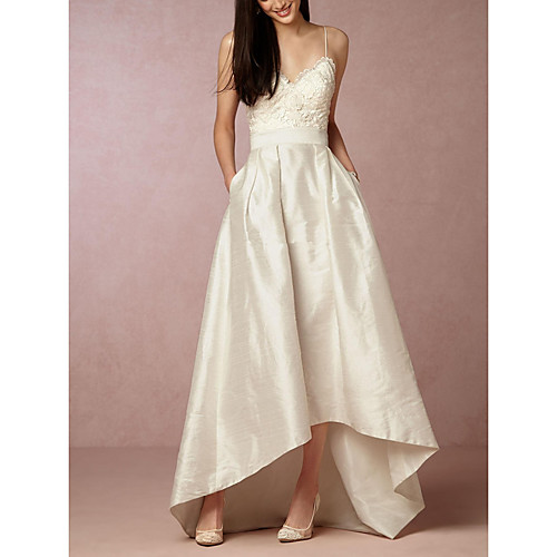 

A-Line V Neck Asymmetrical Satin Sleeveless Formal Little White Dress Wedding Dresses with Appliques 2020