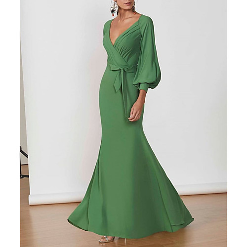 

Mermaid / Trumpet V Neck Floor Length Polyester Elegant / Green Wedding Guest / Formal Evening Dress with Sash / Ribbon 2020