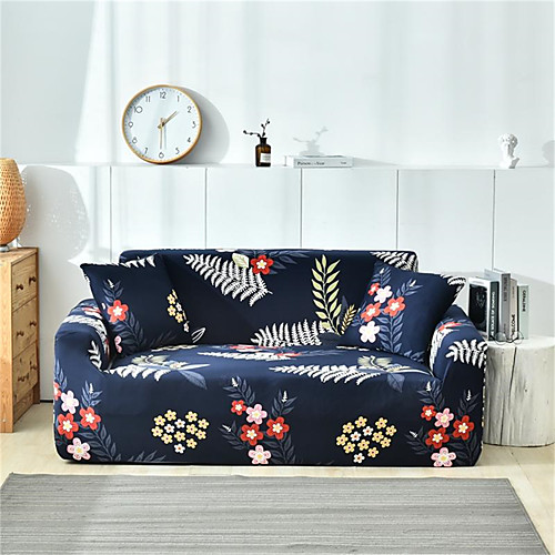 

Navy Blue Floral Print Dustproof All-powerful Slipcovers Stretch Sofa Cover Super Soft Fabric Couch Cover with One Free Pillow Case