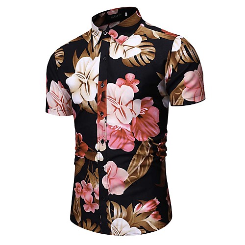 

Men's Party Going out Tropical Shirt - Floral / Geometric / Color Block Black & Gray / Daisy, Print Black