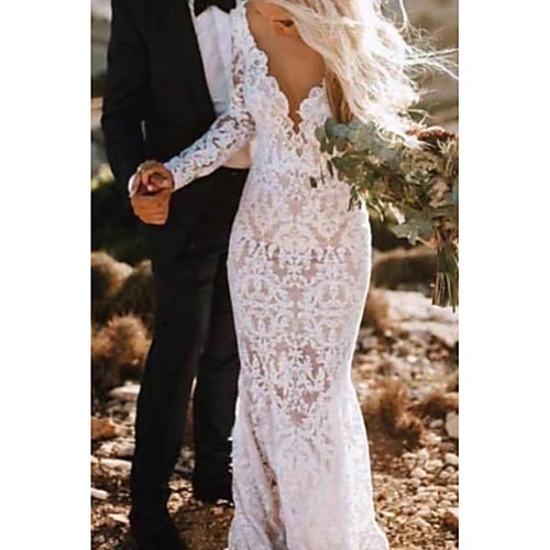 

Mermaid / Trumpet Plunging Neck Court Train Polyester Long Sleeve Country Plus Size Wedding Dresses with Lace Insert / Appliques 2020