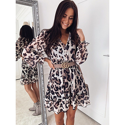 

Women's Light Brown Dress A Line Leopard V Neck S M