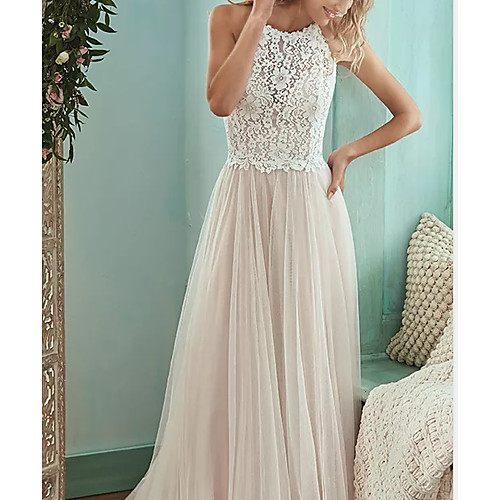 

A-Line Jewel Neck Floor Length Lace / Tulle Sleeveless Casual / Boho Plus Size Wedding Dresses with Draping 2020