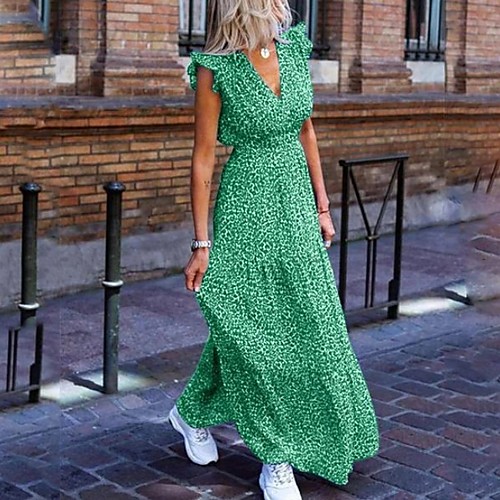 

Women's Maxi Red Green Dress Boho Spring Vacation Beach A Line Print V Neck Ruffle S M