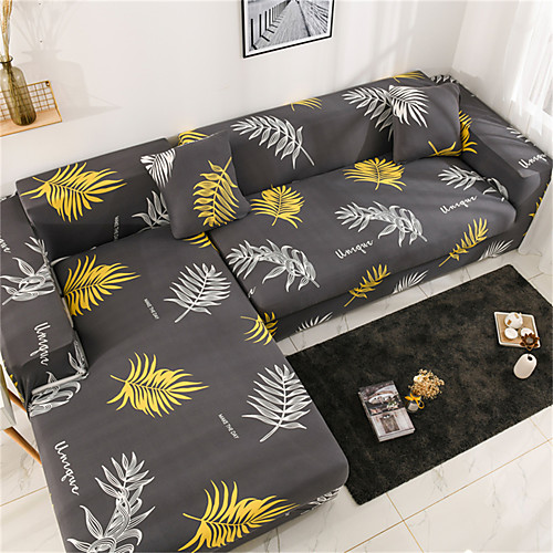 

Grey Leaves Print Dustproof All-powerful Slipcovers Stretch L Shape Sofa Cover Super Soft Fabric Couch Cover with One Free Pillow Case